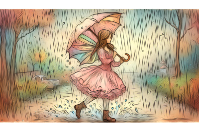 Impressionist fairy strolling through rain