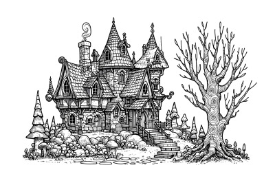 Ink drawing of fantasy house and tree