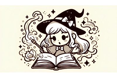 Ink drawing of magical reading girl