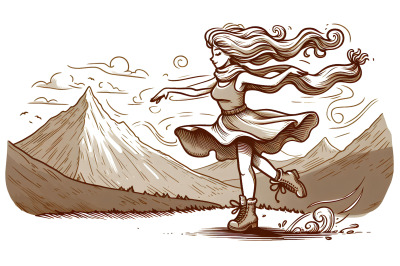 Ink-drawn lady dancing in mountain air