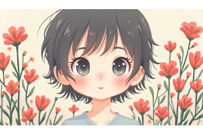 Innocent gaze framed by flowers, minimalism