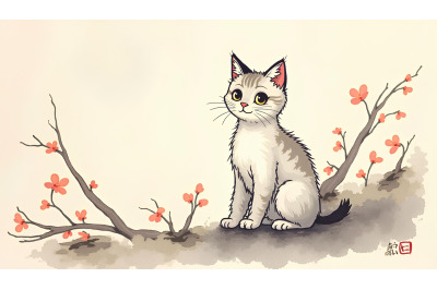 Japanese sumi-e ink cat painting