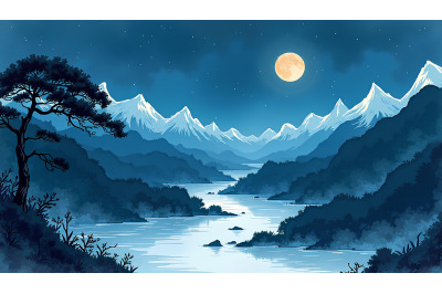 Japanese sumi-e ink night landscape