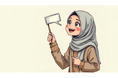Joyful hijabi girl with sign, ink