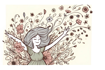 Joyful woman blending into a floral symphony