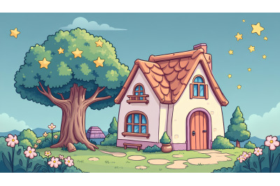 Kawaii cottage with magical star tree