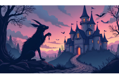 Magical creature with gothic castle, enchanted dusk