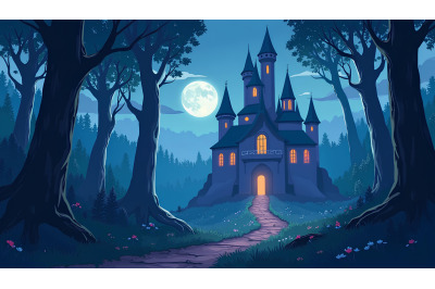 Midnight fairy in castle woods, digital fantasy