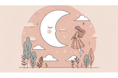 Minimalist girl and moon silhouette