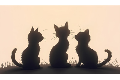 Monochrome kitten trio in silhouette