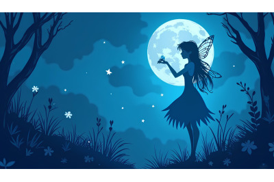 Mystical fairy in blue moonlight, haunting beauty