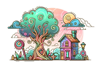 Neon graffiti tree and whimsical house