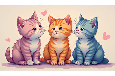 Oil painting of three vibrant kittens