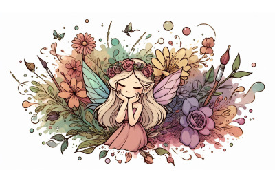 Painterly fairy surrounded by floral bursts