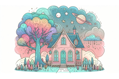 Pastel dream house under cosmic tree