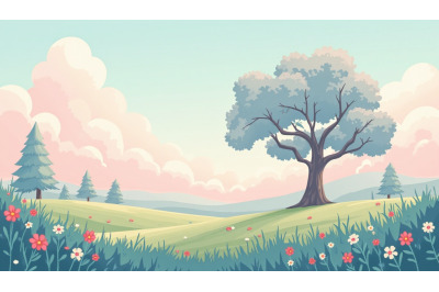 Pastel dreamy landscape with big tree