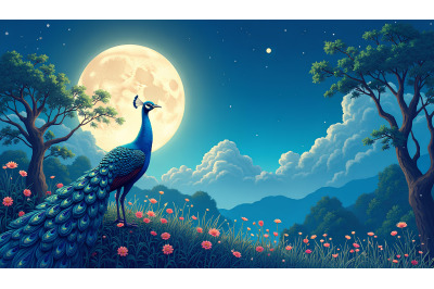 Peacock Moonlit Serenity Pointillism