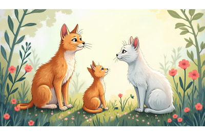Pointillism cat trio in nature scene