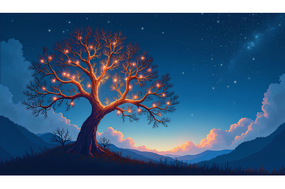 Pointillism celestial tree with lights