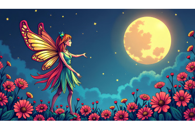 Pop Art fairy with vibrant moon colors, pop art