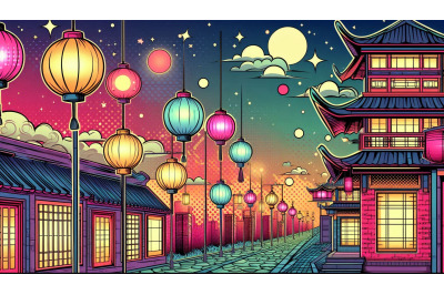 Pop Art vibrant night with lanterns