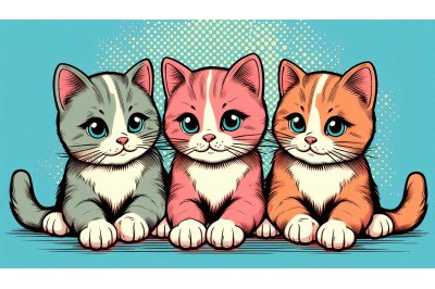 Pop Art-style vibrant kitten trio