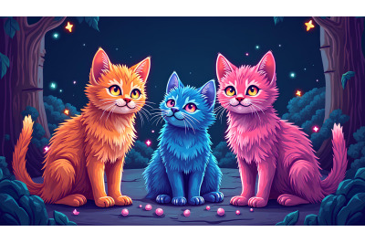 Psychedelic colorful glowing kittens