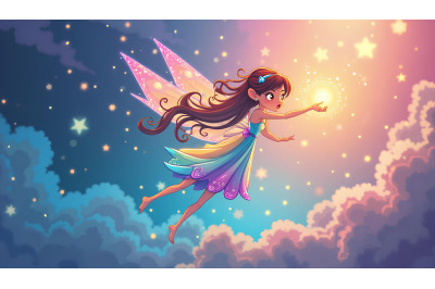 Rainbow-hued fairy in a magical mist
