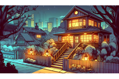 Realism-style glowing night home scene