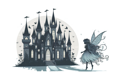 Shadow fairy with grand castle, fantasy gothic
