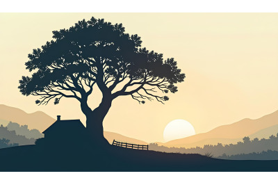 Silhouette of a giant tree and cottage