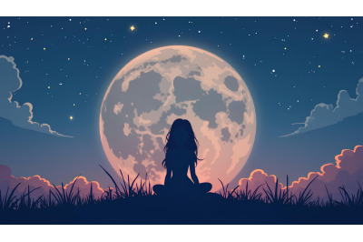 Silhouette of girl sitting on the moon