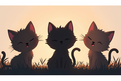 Silhouette of three peeking kittens