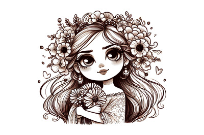 Soft-eyed girl with flowers, ink sketch