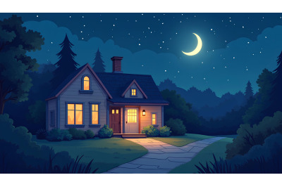 Soft-focus glowing magical night home