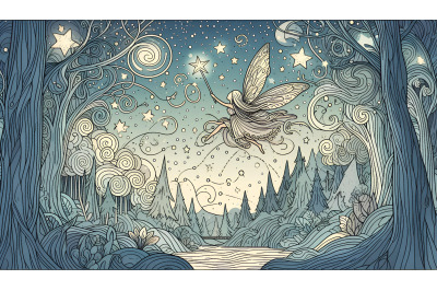 Starry night fairy above enchanted forest, celestial