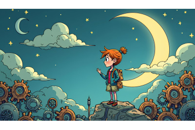Steampunk girl on moon with gears