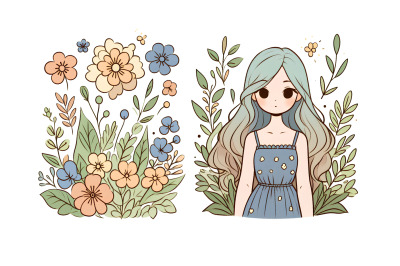 Subtle hues on floral girl, tempera