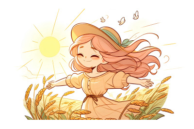 Sunlit girl embracing a wind-kissed field