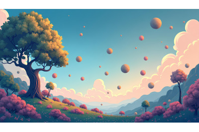 Surreal floating spheres in tree art