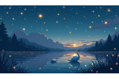 Swan among fireflies in a twilight sky Nightfall Fantasy