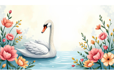 Swan among lush florals Watercolor
