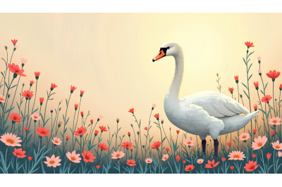 Swan among radiant wildflowers Blooming Expressionism