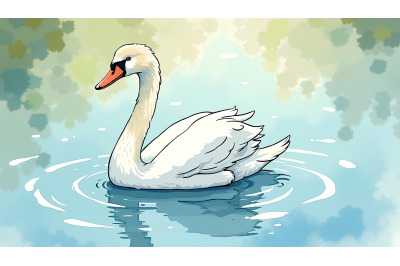 Swan among rippling reflections Watercolor Impressionism