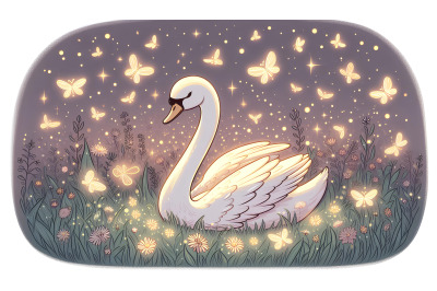Swan among twinkling fireflies Magical Glow Painting