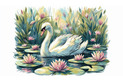 Swan floating among water lilies Impressionist Brushwork