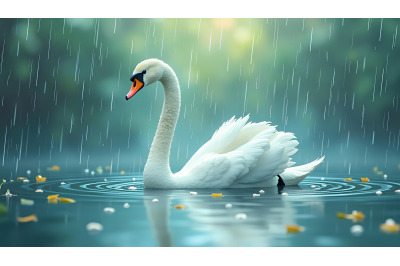 Swan in a delicate raindrop-kissed pond Rainy Impressionism