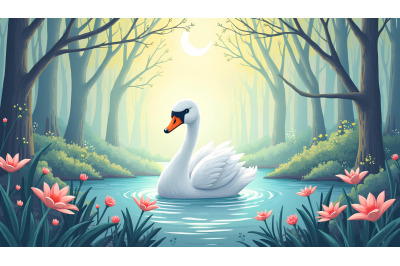 Swan in a dreamy forest Dreamlike Pastels