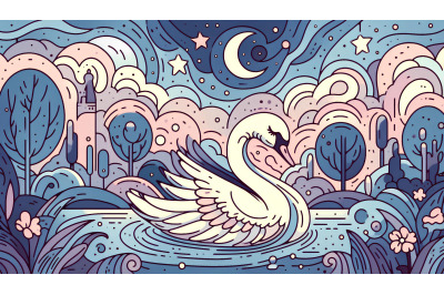 Swan in a dreamy nightscape Fauvism