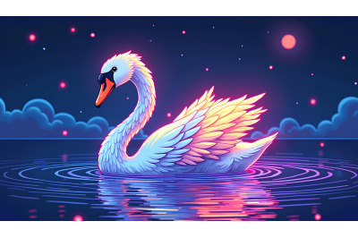 Swan in a glowing aurora Psychedelic Art